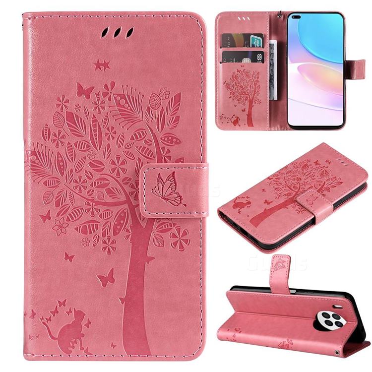 Embossing Butterfly Tree Leather Wallet Case for Huawei nova 8i - Pink