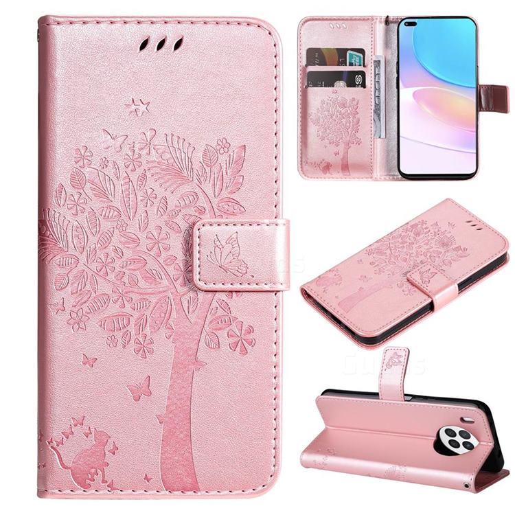 Embossing Butterfly Tree Leather Wallet Case for Huawei nova 8i - Rose Pink