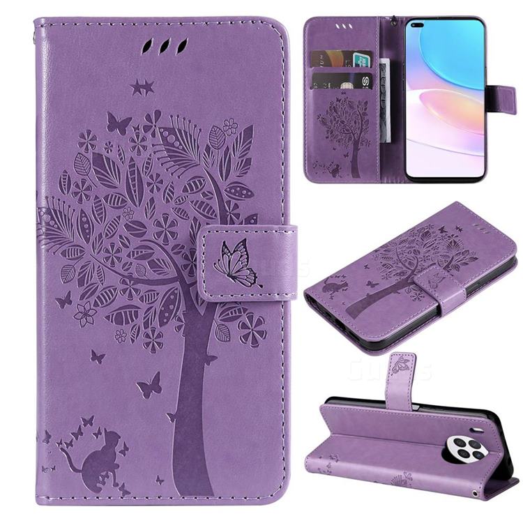 Embossing Butterfly Tree Leather Wallet Case for Huawei nova 8i - Violet