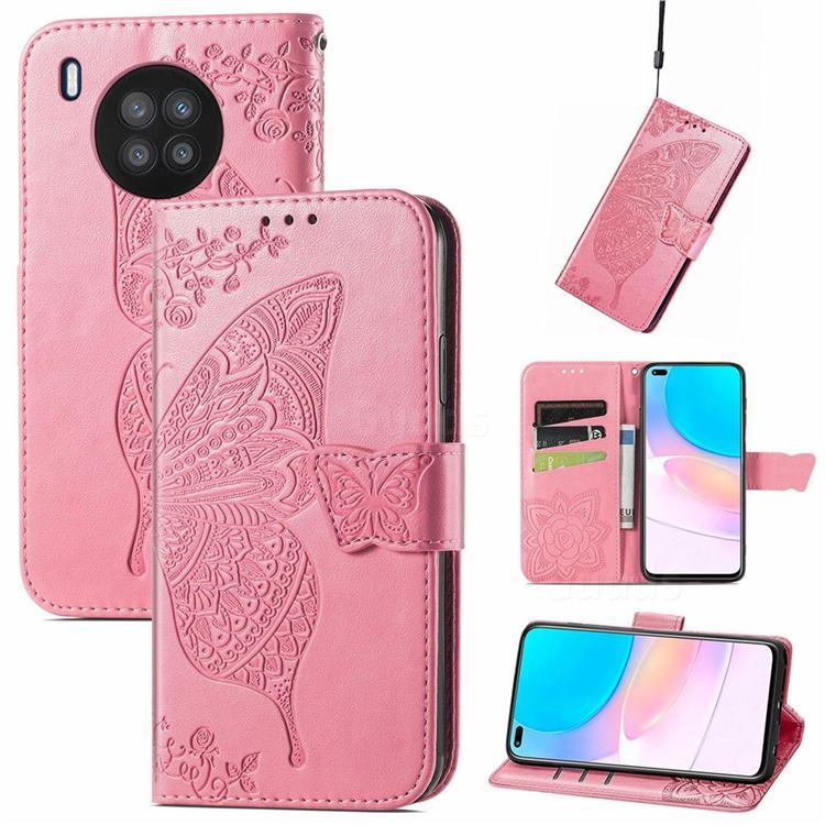 Embossing Mandala Flower Butterfly Leather Wallet Case for Huawei nova 8i - Pink
