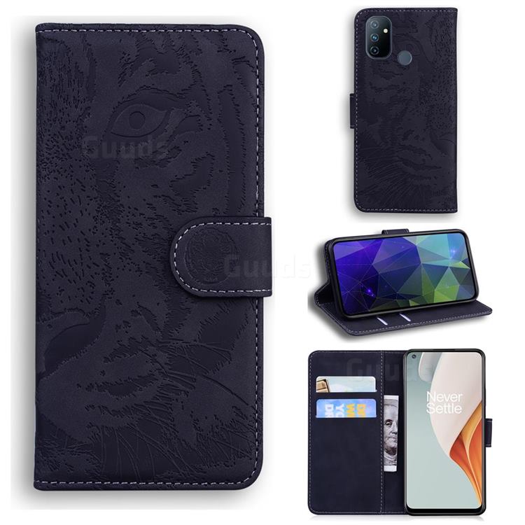 Intricate Embossing Tiger Face Leather Wallet Case for OnePlus Nord N100 - Black