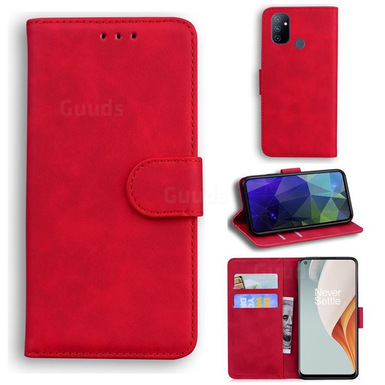 Retro Classic Skin Feel Leather Wallet Phone Case for OnePlus Nord N100 - Red