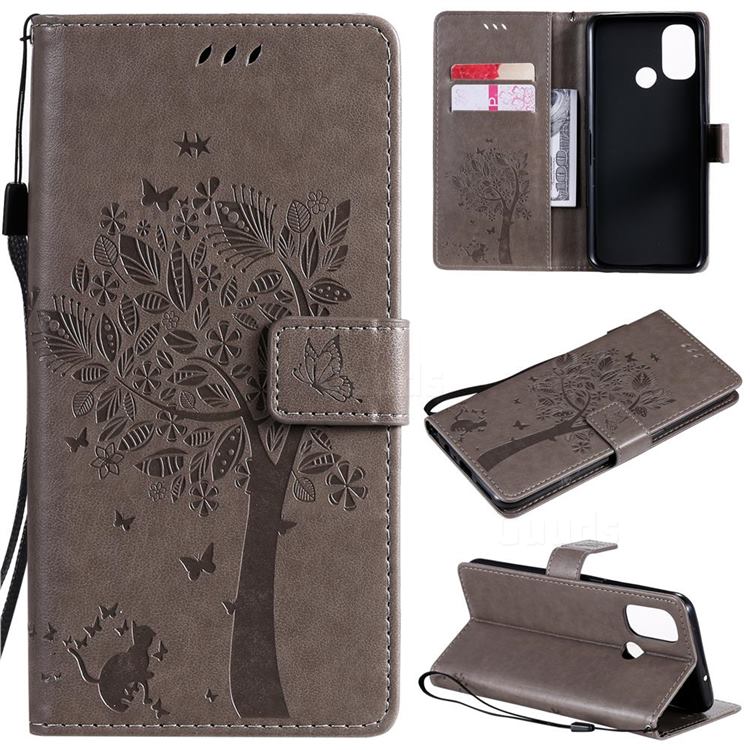 Embossing Butterfly Tree Leather Wallet Case for OnePlus Nord N100 - Grey