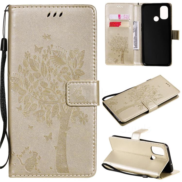 Embossing Butterfly Tree Leather Wallet Case for OnePlus Nord N100 - Champagne