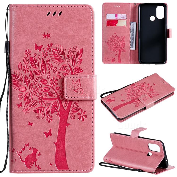 Embossing Butterfly Tree Leather Wallet Case for OnePlus Nord N100 - Pink