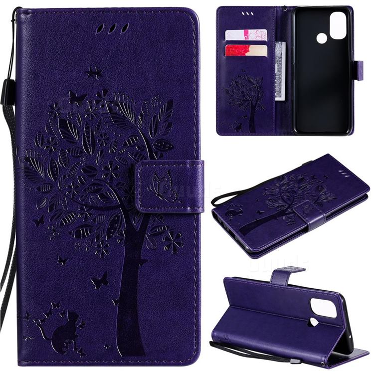 Embossing Butterfly Tree Leather Wallet Case for OnePlus Nord N100 - Purple