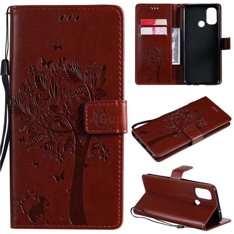 Embossing Butterfly Tree Leather Wallet Case for OnePlus Nord N100 - Coffee