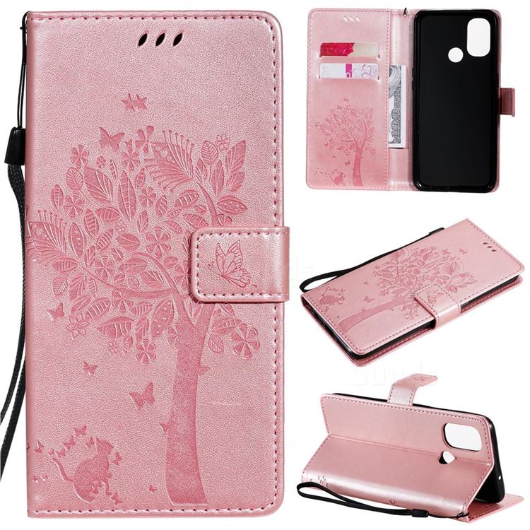 Embossing Butterfly Tree Leather Wallet Case for OnePlus Nord N100 - Rose Pink