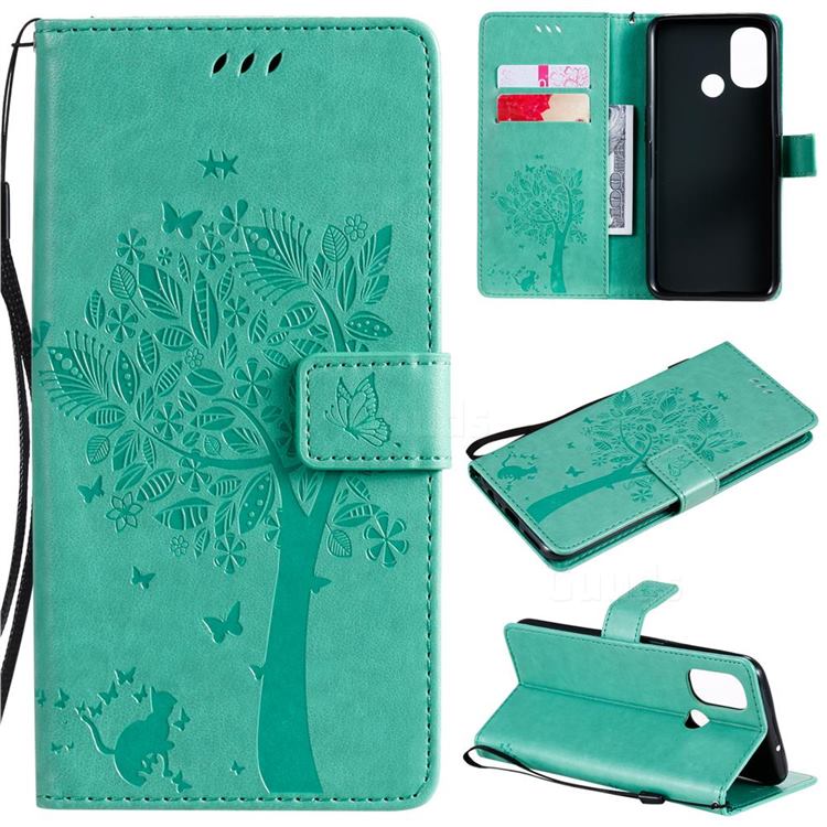 Embossing Butterfly Tree Leather Wallet Case for OnePlus Nord N100 - Cyan