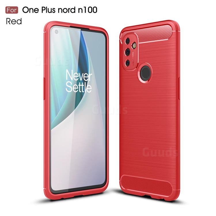 Luxury Carbon Fiber Brushed Wire Drawing Silicone TPU Back Cover for OnePlus Nord N100 - Red