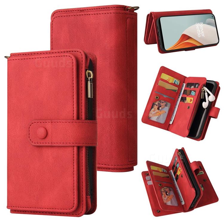 Luxury Multi-functional Zipper Wallet Leather Phone Case Cover for OnePlus Nord N100 - Red