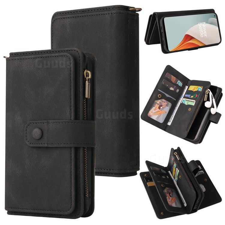 Luxury Multi-functional Zipper Wallet Leather Phone Case Cover for OnePlus Nord N100 - Black
