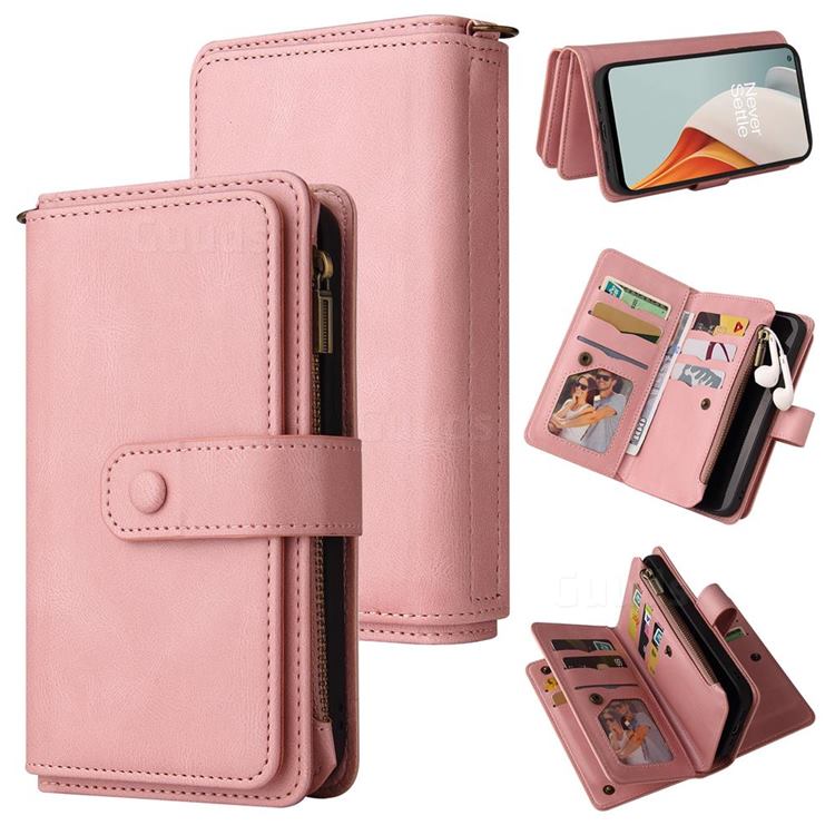 Luxury Multi-functional Zipper Wallet Leather Phone Case Cover for OnePlus Nord N100 - Pink