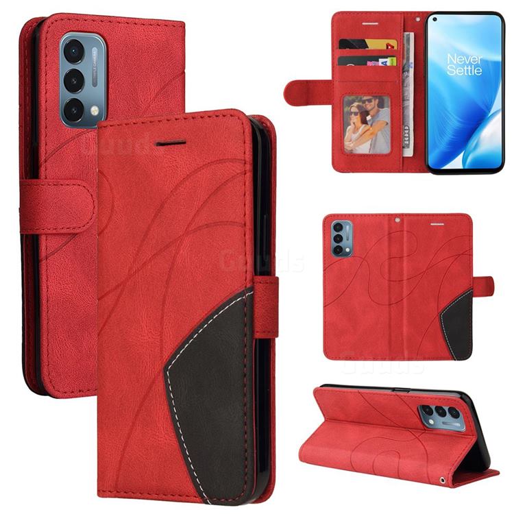 Luxury Two-color Stitching Leather Wallet Case Cover for OnePlus Nord N200 5G - Red