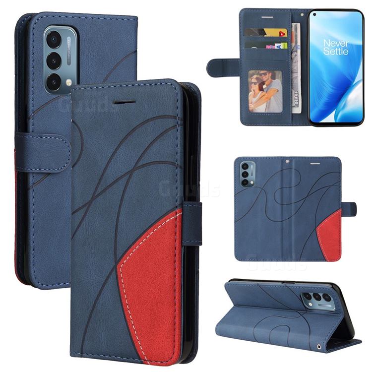 Luxury Two-color Stitching Leather Wallet Case Cover for OnePlus Nord N200 5G - Blue