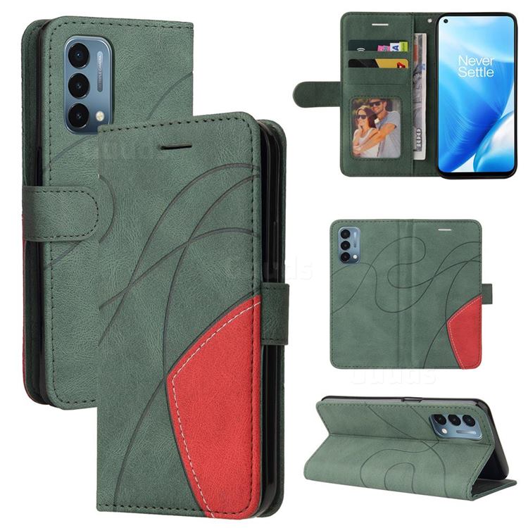 Luxury Two-color Stitching Leather Wallet Case Cover for OnePlus Nord N200 5G - Green