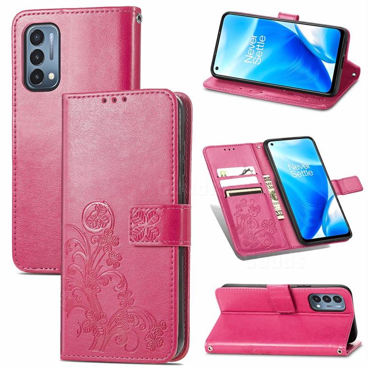 Embossing Imprint Four-Leaf Clover Leather Wallet Case for OnePlus Nord N200 5G - Rose Red
