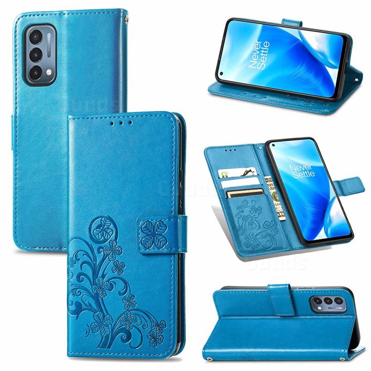 Embossing Imprint Four-Leaf Clover Leather Wallet Case for OnePlus Nord N200 5G - Blue