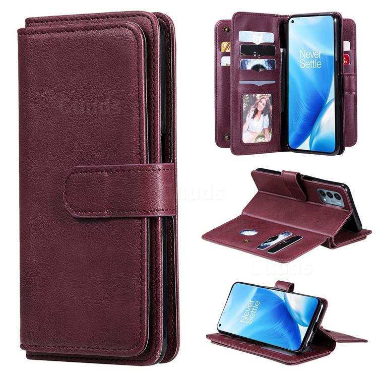 Multi-function Ten Card Slots and Photo Frame PU Leather Wallet Phone Case Cover for OnePlus Nord N200 5G - Claret