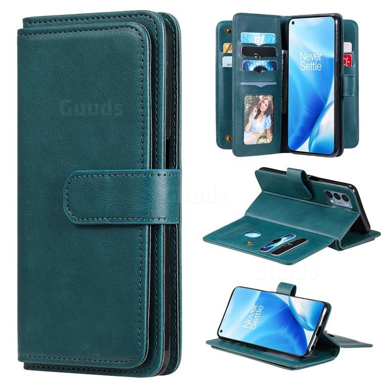 Multi-function Ten Card Slots and Photo Frame PU Leather Wallet Phone Case Cover for OnePlus Nord N200 5G - Dark Green