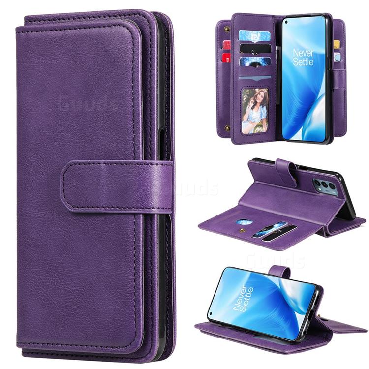 Multi-function Ten Card Slots and Photo Frame PU Leather Wallet Phone Case Cover for OnePlus Nord N200 5G - Violet