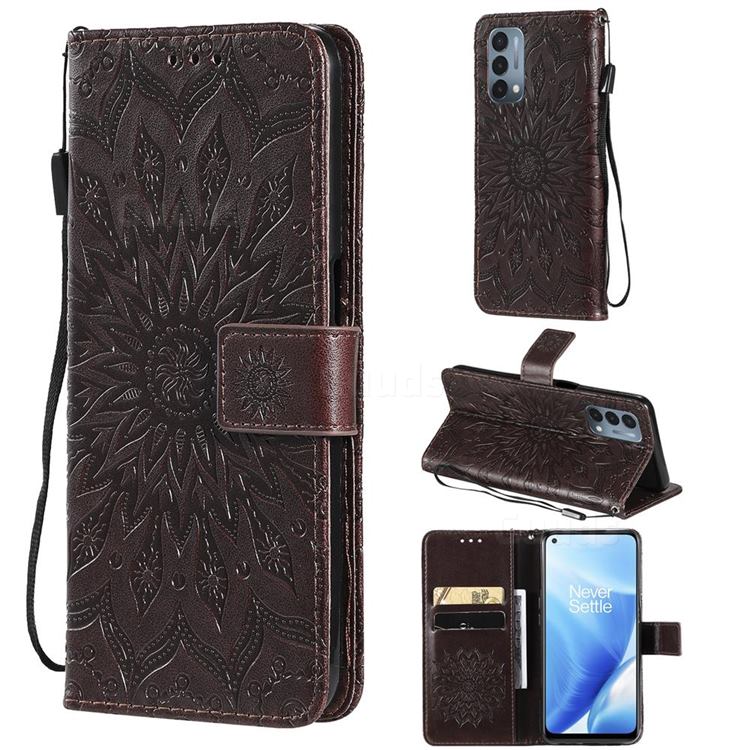 Embossing Sunflower Leather Wallet Case for OnePlus Nord N200 5G - Brown