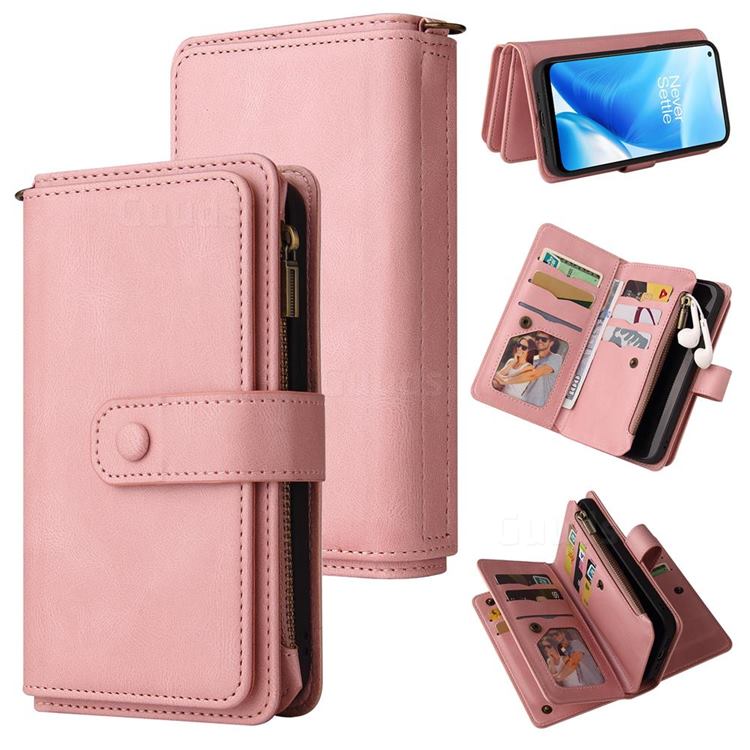 Luxury Multi-functional Zipper Wallet Leather Phone Case Cover for OnePlus Nord N200 5G - Pink