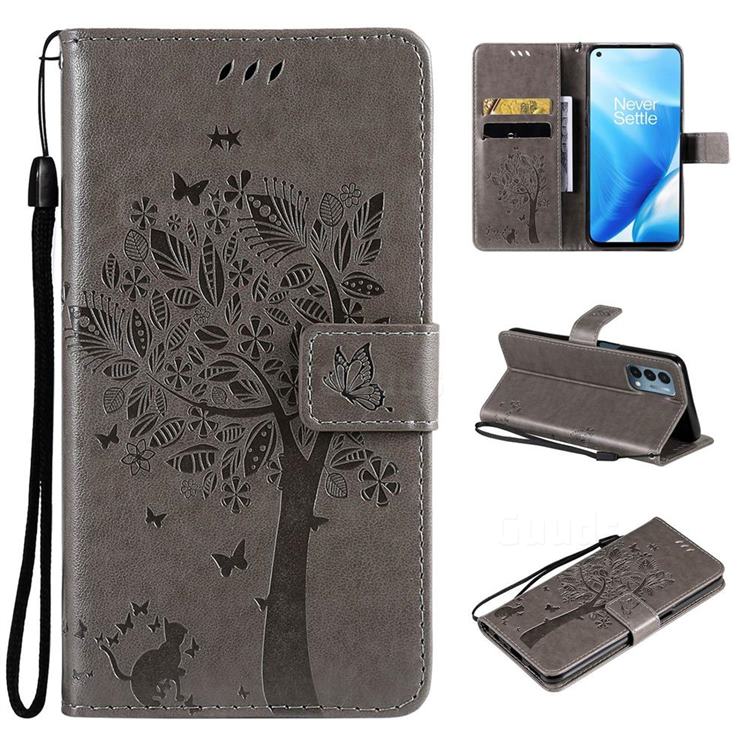 Embossing Butterfly Tree Leather Wallet Case for OnePlus Nord N200 5G - Grey