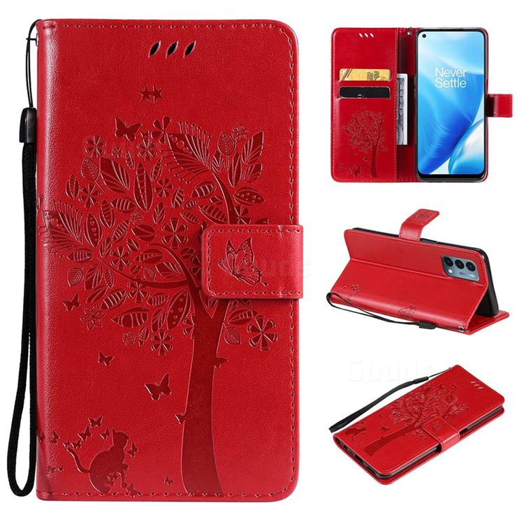 Embossing Butterfly Tree Leather Wallet Case for OnePlus Nord N200 5G - Red