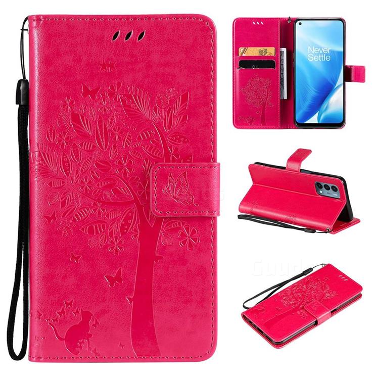 Embossing Butterfly Tree Leather Wallet Case for OnePlus Nord N200 5G - Rose