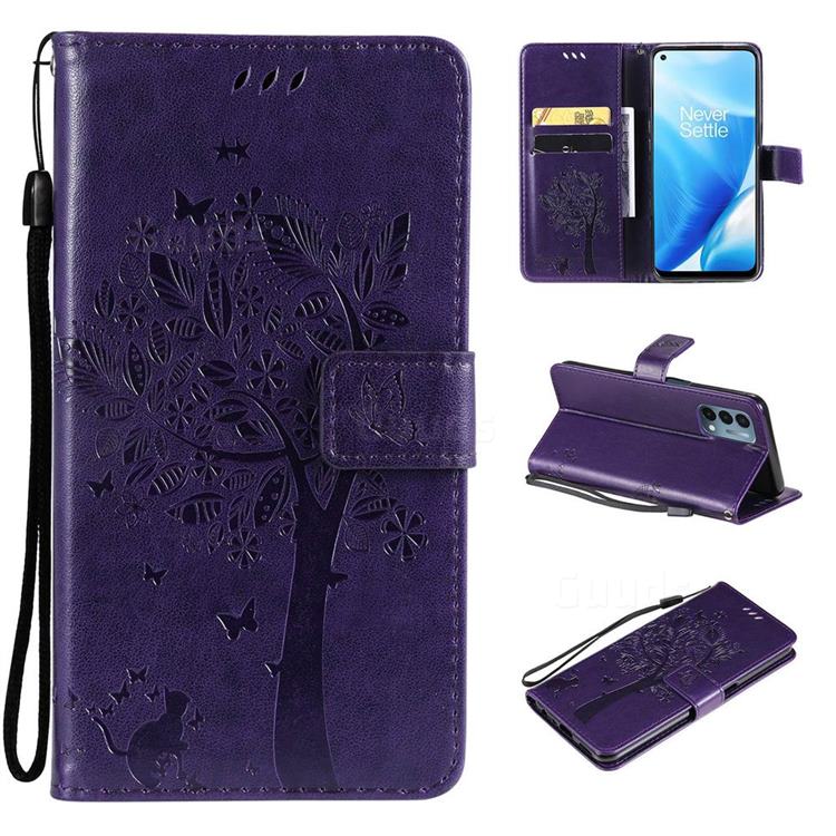 Embossing Butterfly Tree Leather Wallet Case for OnePlus Nord N200 5G - Purple