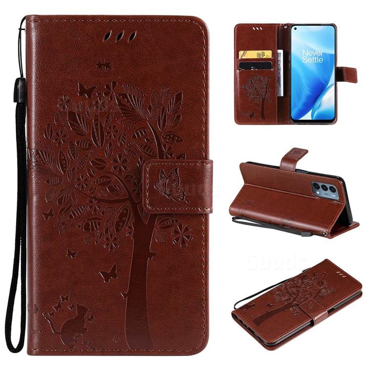 Embossing Butterfly Tree Leather Wallet Case for OnePlus Nord N200 5G - Coffee