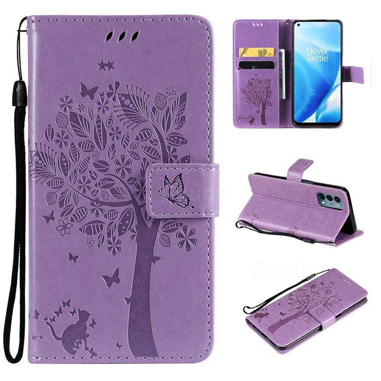 Embossing Butterfly Tree Leather Wallet Case for OnePlus Nord N200 5G - Violet
