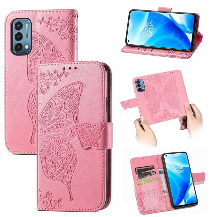 Embossing Mandala Flower Butterfly Leather Wallet Case for OnePlus Nord N200 5G - Pink