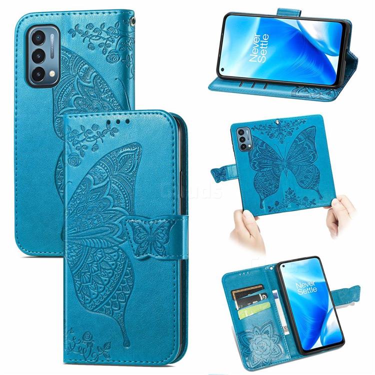 Embossing Mandala Flower Butterfly Leather Wallet Case for OnePlus Nord N200 5G - Blue