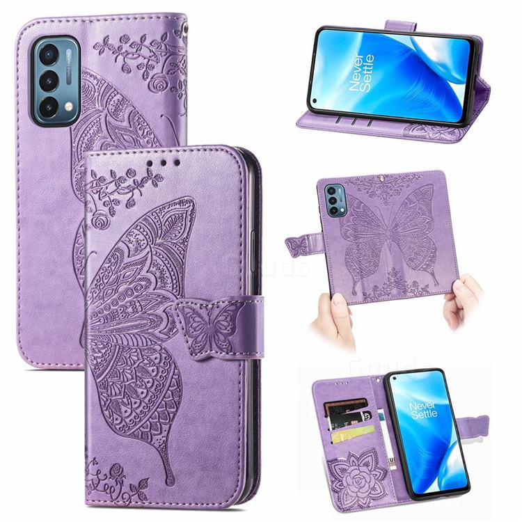 Embossing Mandala Flower Butterfly Leather Wallet Case for OnePlus Nord N200 5G - Light Purple