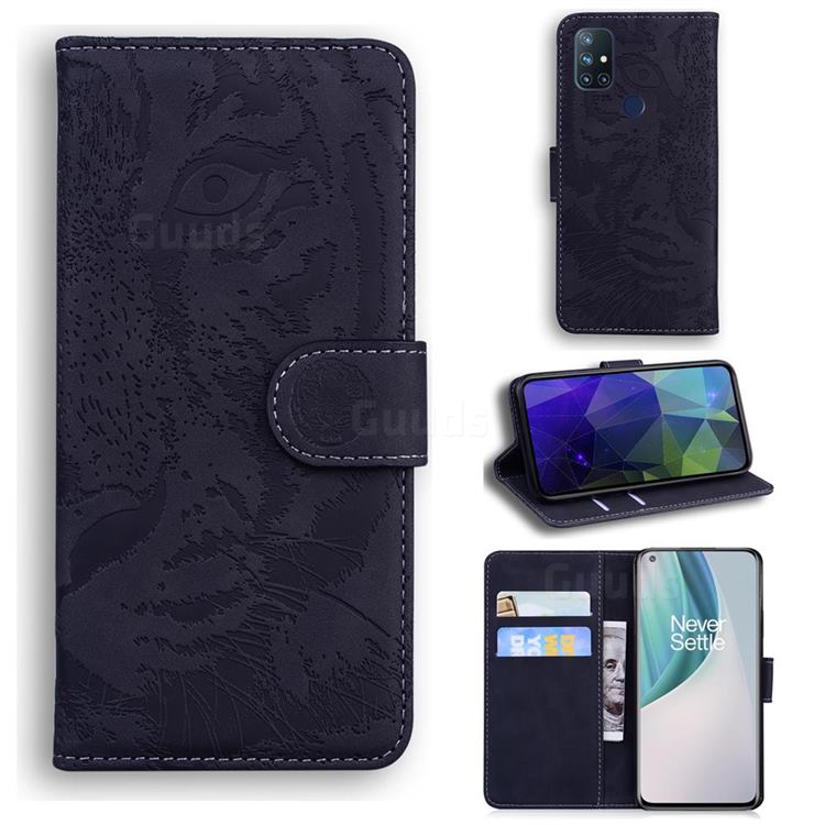 Intricate Embossing Tiger Face Leather Wallet Case for OnePlus Nord N10 5G - Black