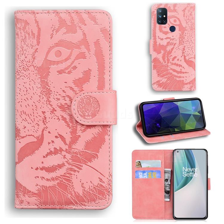 Intricate Embossing Tiger Face Leather Wallet Case for OnePlus Nord N10 5G - Pink