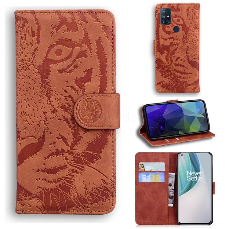 Intricate Embossing Tiger Face Leather Wallet Case for OnePlus Nord N10 5G - Brown