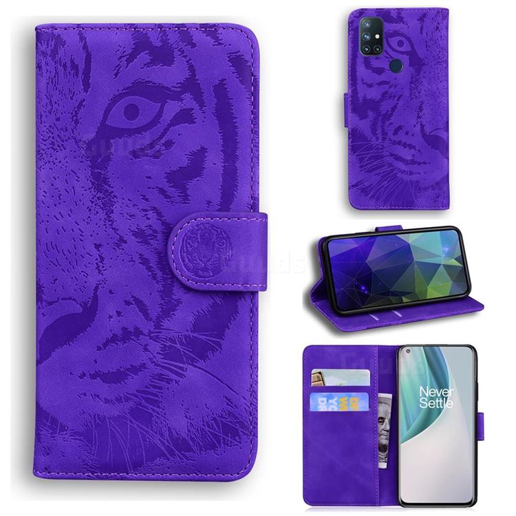 Intricate Embossing Tiger Face Leather Wallet Case for OnePlus Nord N10 5G - Purple