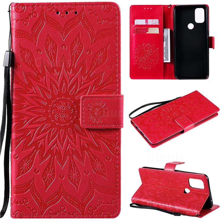 Embossing Sunflower Leather Wallet Case for OnePlus Nord N10 5G - Red
