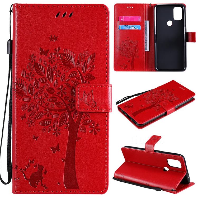 Embossing Butterfly Tree Leather Wallet Case for OnePlus Nord N10 5G - Red