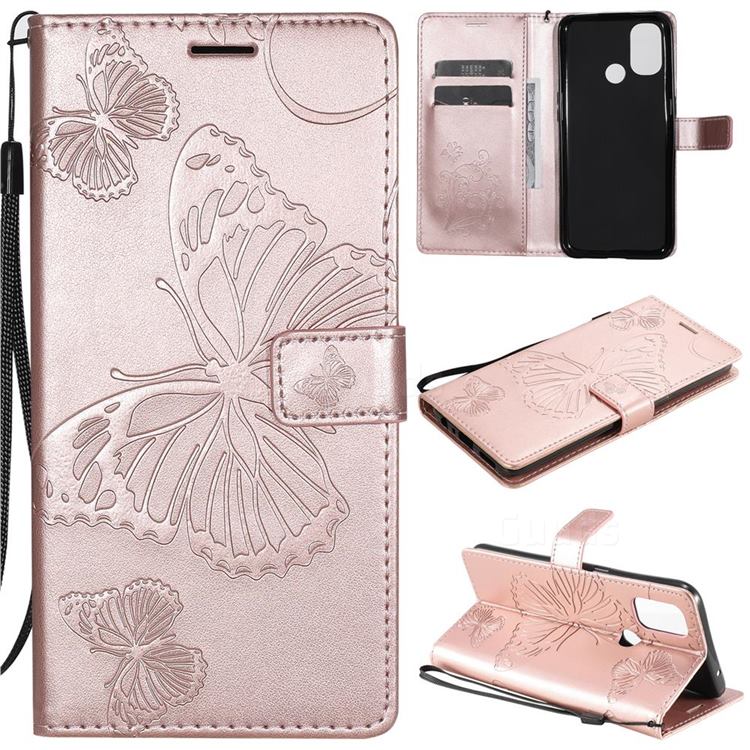 Embossing 3D Butterfly Leather Wallet Case for OnePlus Nord N10 5G - Rose Gold