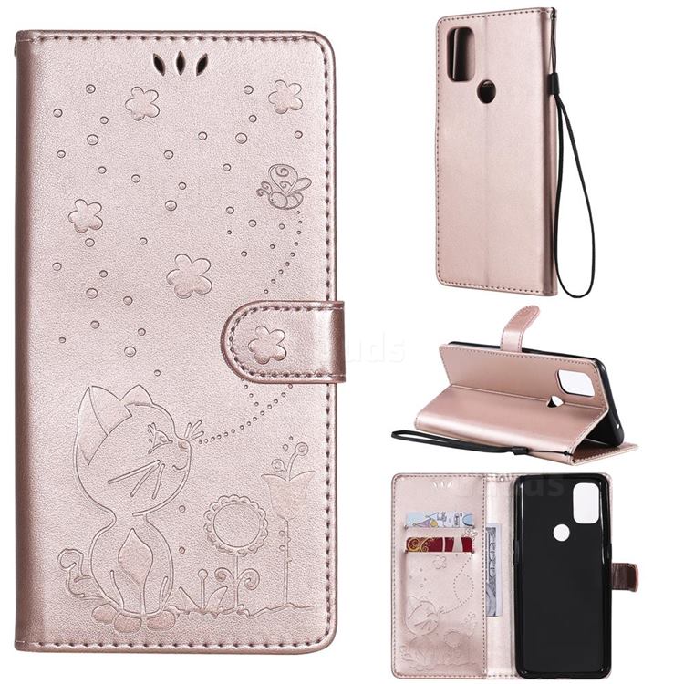 Embossing Bee and Cat Leather Wallet Case for OnePlus Nord N10 5G - Rose Gold