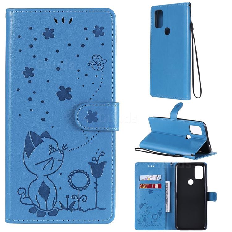 Embossing Bee and Cat Leather Wallet Case for OnePlus Nord N10 5G - Blue