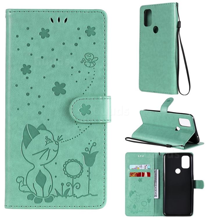 Embossing Bee and Cat Leather Wallet Case for OnePlus Nord N10 5G - Green