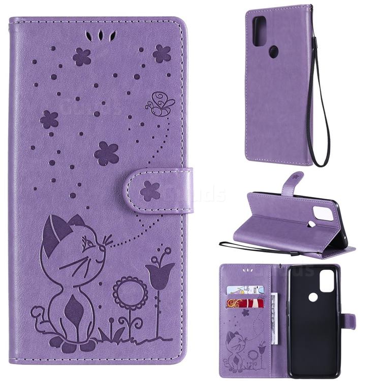 Embossing Bee and Cat Leather Wallet Case for OnePlus Nord N10 5G - Purple