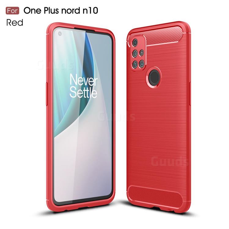Luxury Carbon Fiber Brushed Wire Drawing Silicone TPU Back Cover for OnePlus Nord N10 5G - Red