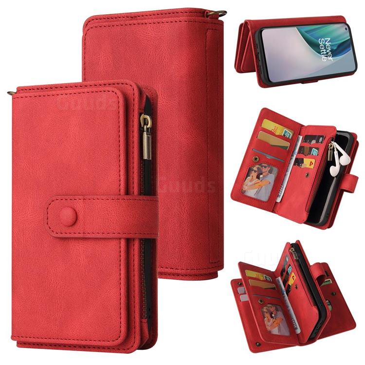 Luxury Multi-functional Zipper Wallet Leather Phone Case Cover for OnePlus Nord N10 5G - Red
