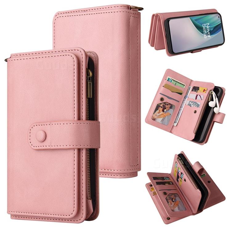 Luxury Multi-functional Zipper Wallet Leather Phone Case Cover for OnePlus Nord N10 5G - Pink